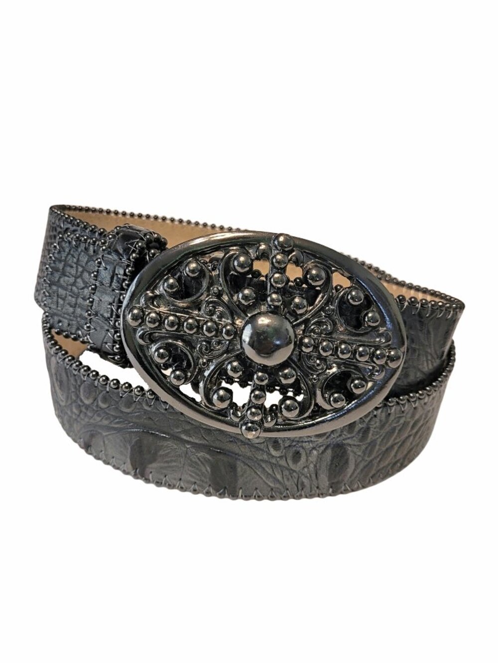 Leatherock Croc Embossed Leather Filigree Studded Belt 34